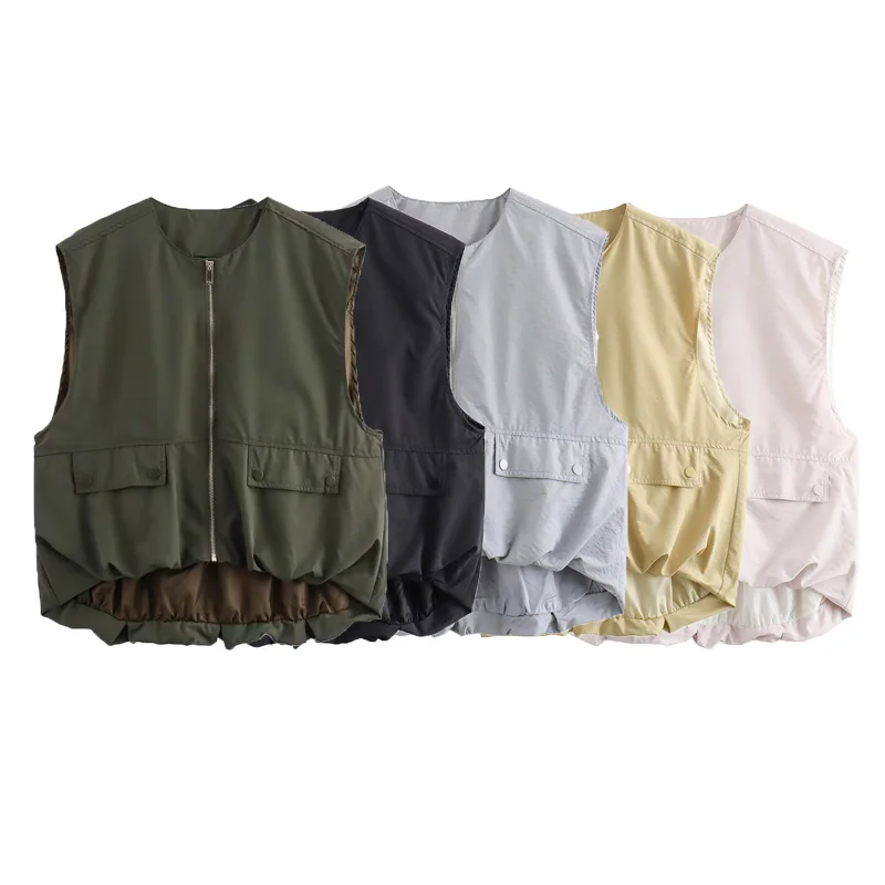

KUCLUT Women Fashion Chic Loose Sleeveless Pockets Vests Female O-Neck Pleated Hem Waistcoats Ladies Casual Streetwear