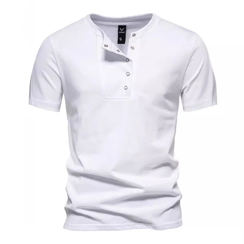 

Retro Henry Neck Short Sleeved T-shirt with Solid Button Up Collar, Sports and Fitness Short T-shirt for Trendy Men