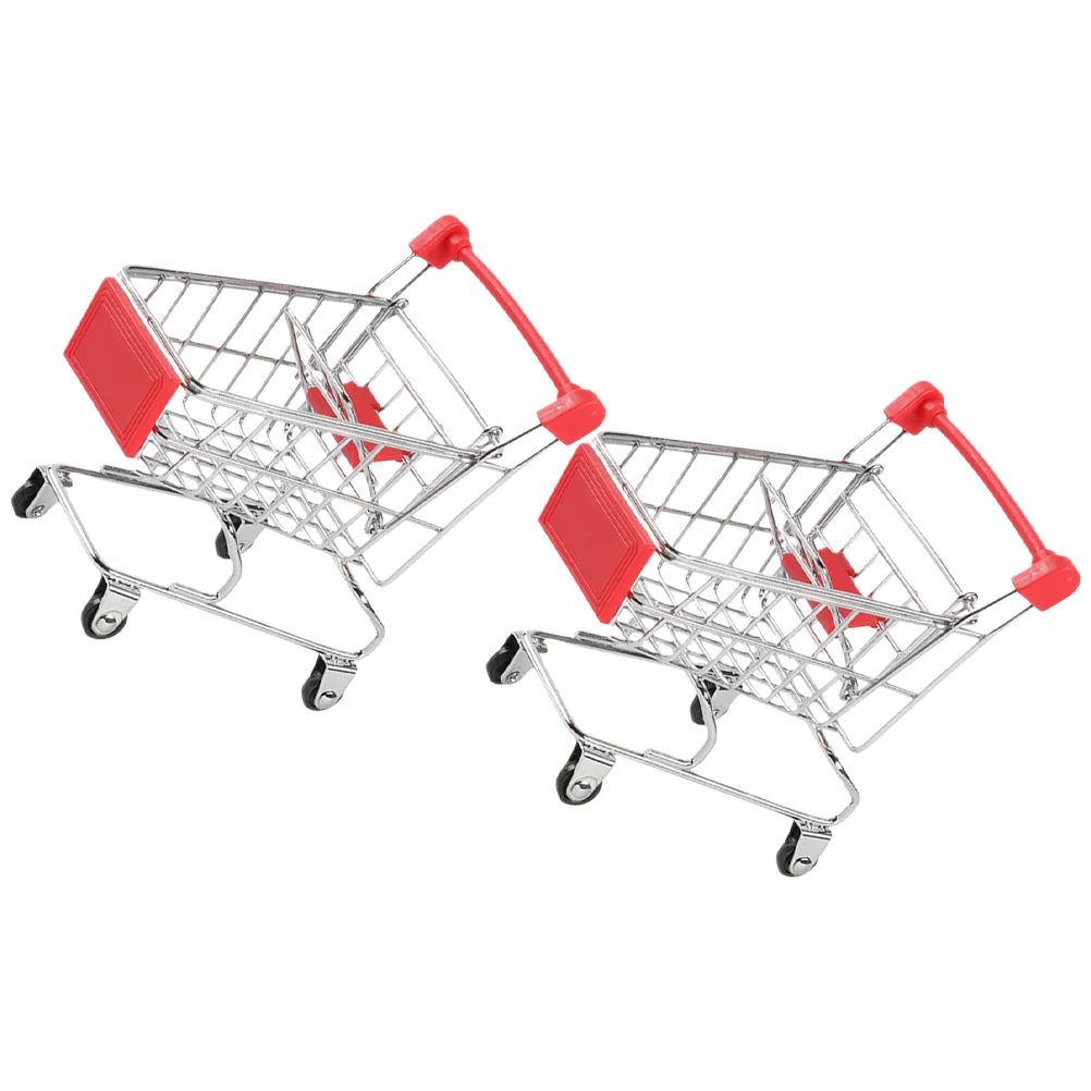 2 Pcs Mini Shopping Cart Desktop Miniature Trolley Toy Model Airplane Decor Storage Small Supermarket Iron
