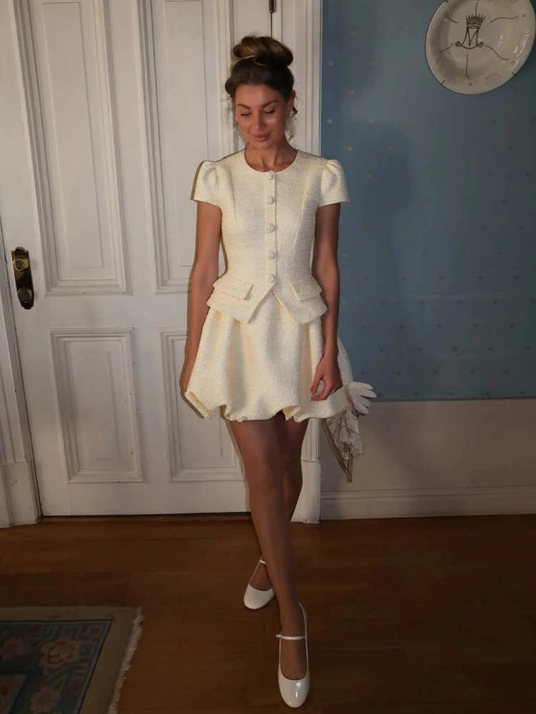 

Elegant Solid Slim Women's 2 Pcs Suits O-neck Short Sleeve Single Breasted Slim Tops High Waist Mini Bud Skirt Sweet Lady Outfit