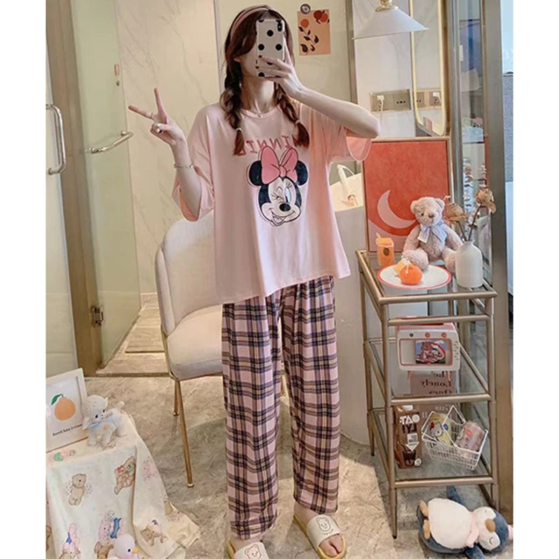 Disney Cartoon Mickey Winnie Snow White Pajamas Ladies Summer Short Sleeves Cute Pants Thin Girls Loose Homewear Pajamas Set