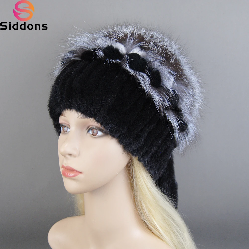 

2025 Women Beanies Knitted Luxury Flower Real Mink Fur Beanies Hats Real Silver Fox Fur Hat Female Natural Mink Fur Winter Hats