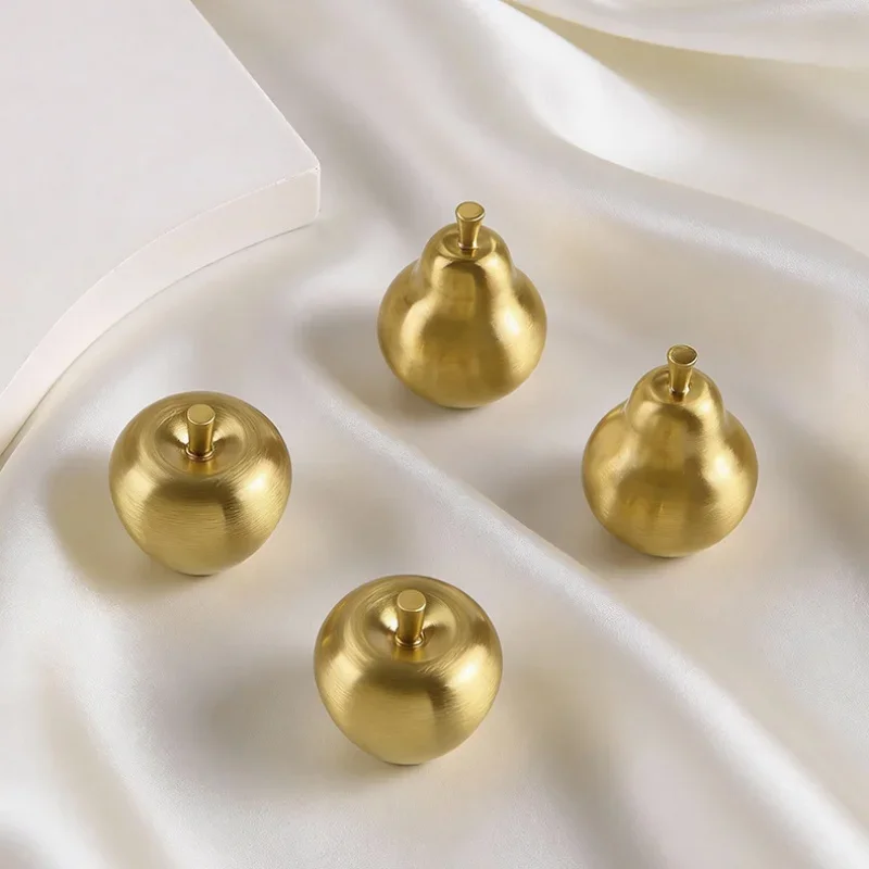 2pcs Creative Brass Wardrobe Door Handle, Light Luxury Drawer Cabinet Furniture Hardware Accessories, Golden Apple Pear Knobs