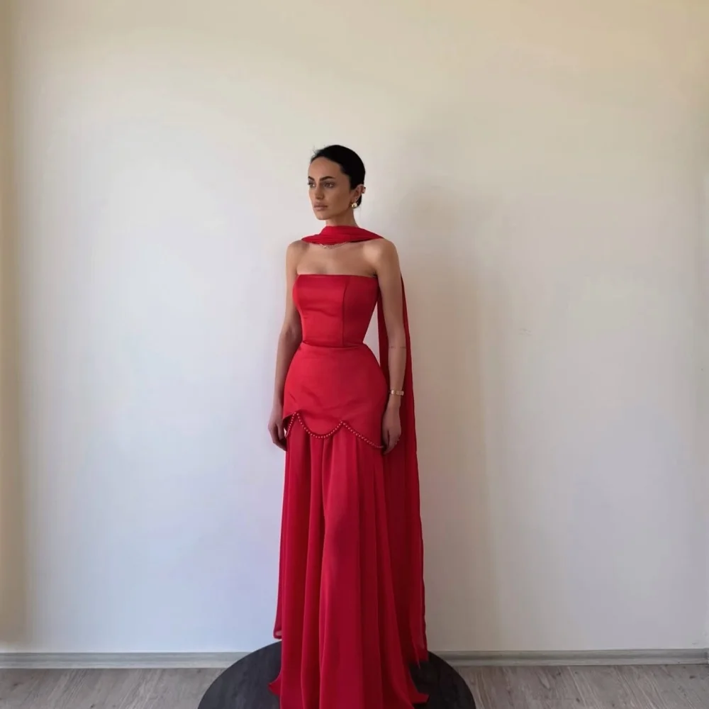 Bella Customized Pearls Two-Piece Set robes de soirée Strapless Sleeveless Satin Party Dresses Floor-Length Prom Dress 2025 image 4
