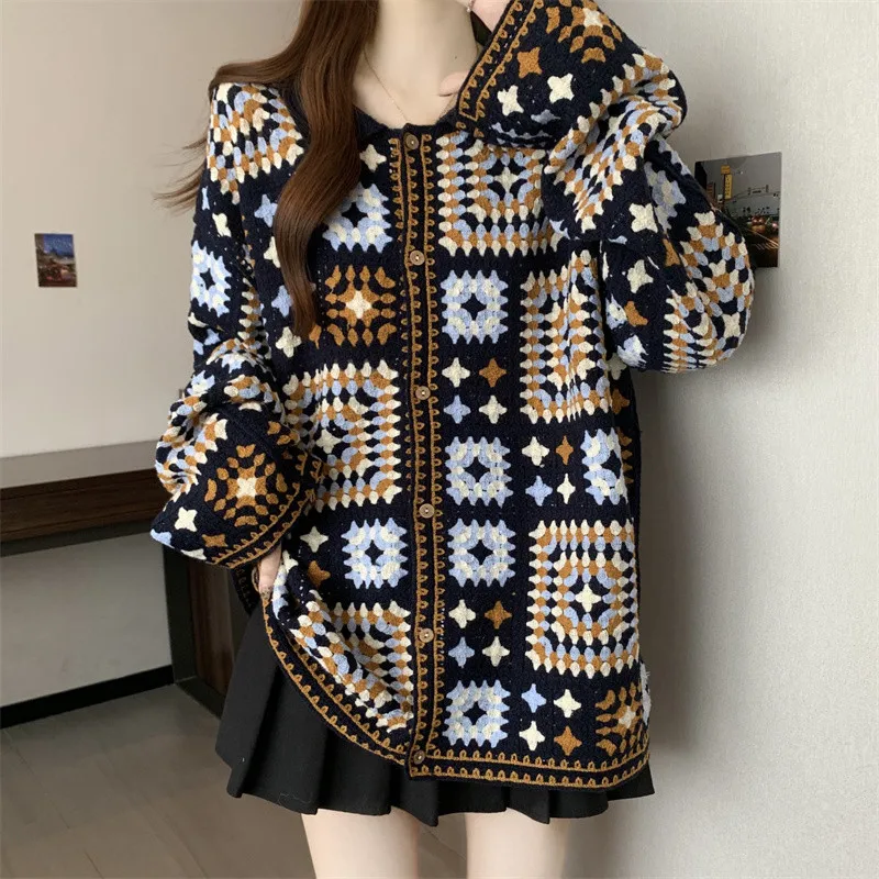 سترة نسائية محبوكة برقبة بولو من قماش الجاكار العرقي للسيدات والفتيات مقاس كبير ملابس غطاء سترة جميلة للخريف والشتاء #6