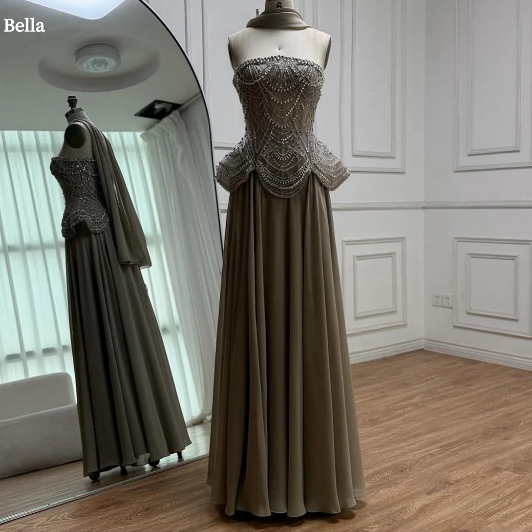 

Bella Customized Beaded Glitter Long Silk Scarves robes de soirée Strapless Backless Party Dresses Floor-Length Prom Dress 2025