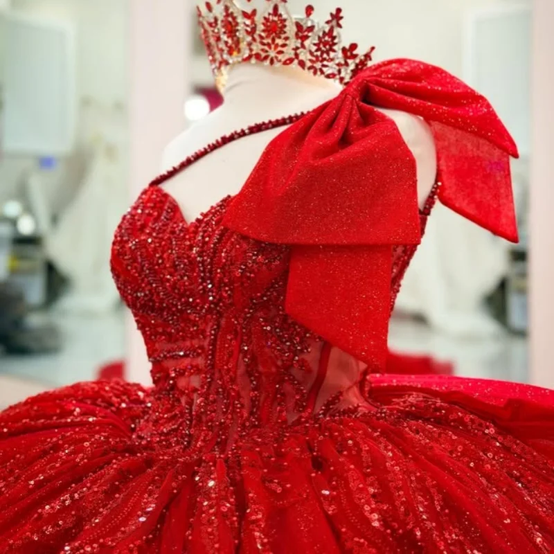 

Shiny Red Quinceanera Dress crystal Sequins Flower Decal Lace layering Long tail Bow Vestidos De 15 Quinceanera ﻿Customize