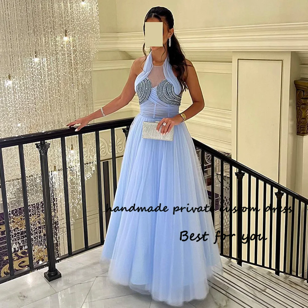 

Blue Tulle A Line Prom Dresses Halter Corset Arabic Dubai Evening Party Dress Floor Length Women Prom Party gowns