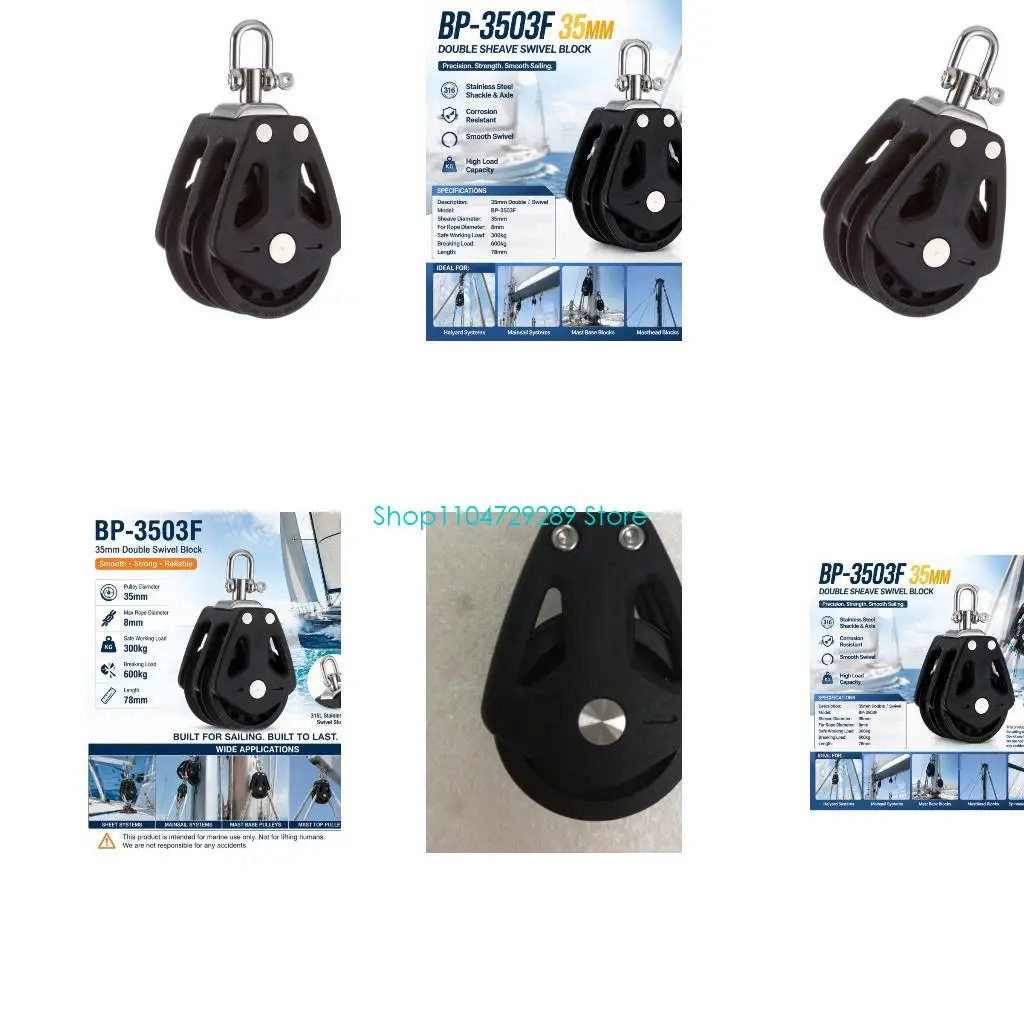 d8ke-dinghy-rope-pulley-for-line-adjustment-double-sheave-marine-block-with-35-mm-sheaves-rotating-top-link-and-8-mm-line-use