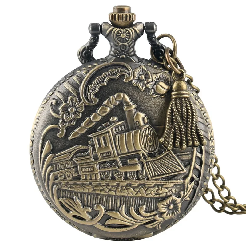 Vintage Clock Engraved Steam Train Pattern Arabic Number Display with Quartz Movement Pocket Watch Pendant Tassels Sweater Chain