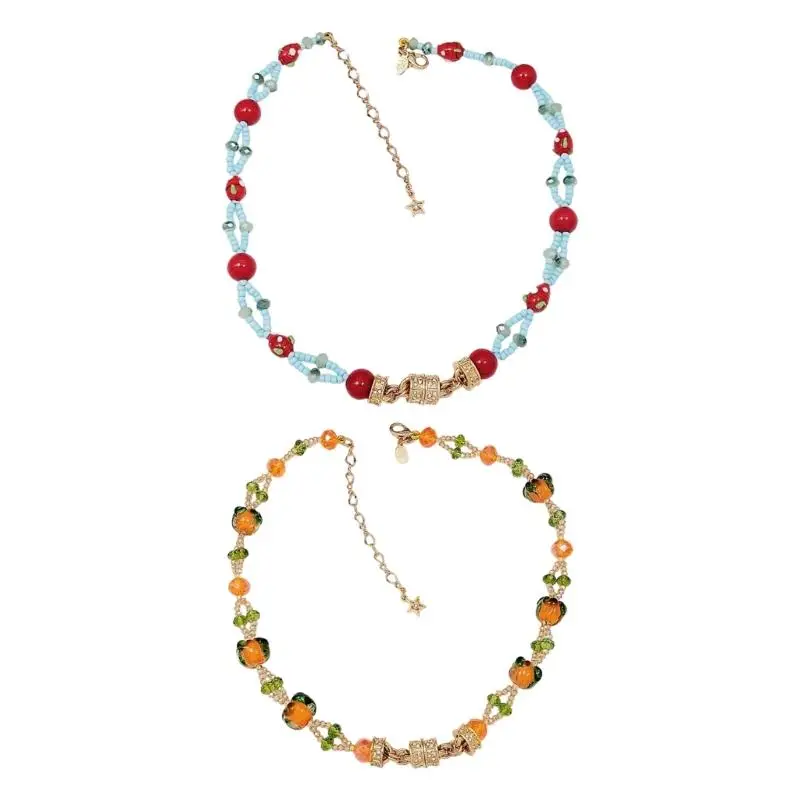 

J78F игривое мультяшное ожерелье из овощей и фруктов из бисера со сверкающими стразами и удобной магнитной застежкой