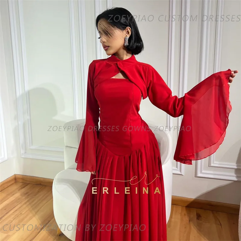 Red A-line Chiffon Formal Occasion Evening Dresses Sweet High Neck vestidos de fiesta Arabic Full Sleeves Dubai Porm Dresses