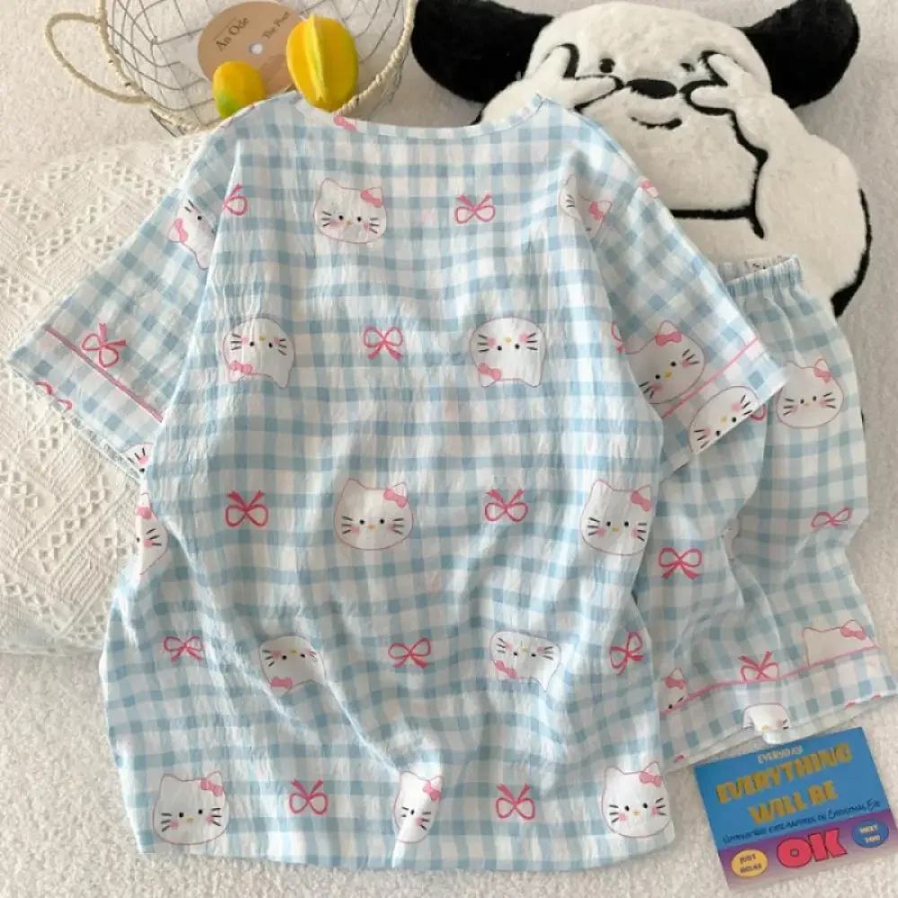 2 قطعة بدلة بيجامة النساء سانريو أنيمي مرحبا كيتي قصيرة الأكمام السراويل الصيف Kawaii القطن ملابس المنزل الفتيات طالب المتسكعون