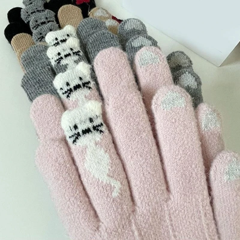 Cats Pattern Knitted Gloves Screentouch Hand Gloves Autumn Winter Warm Gloves