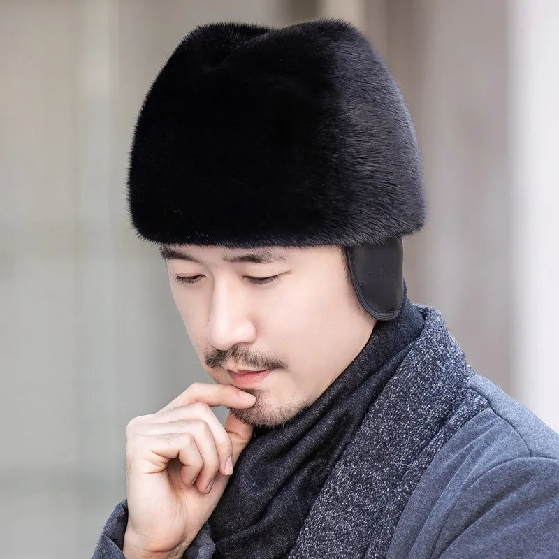 

A thick warm vintage leather hat for men full fur and middle-aged dad