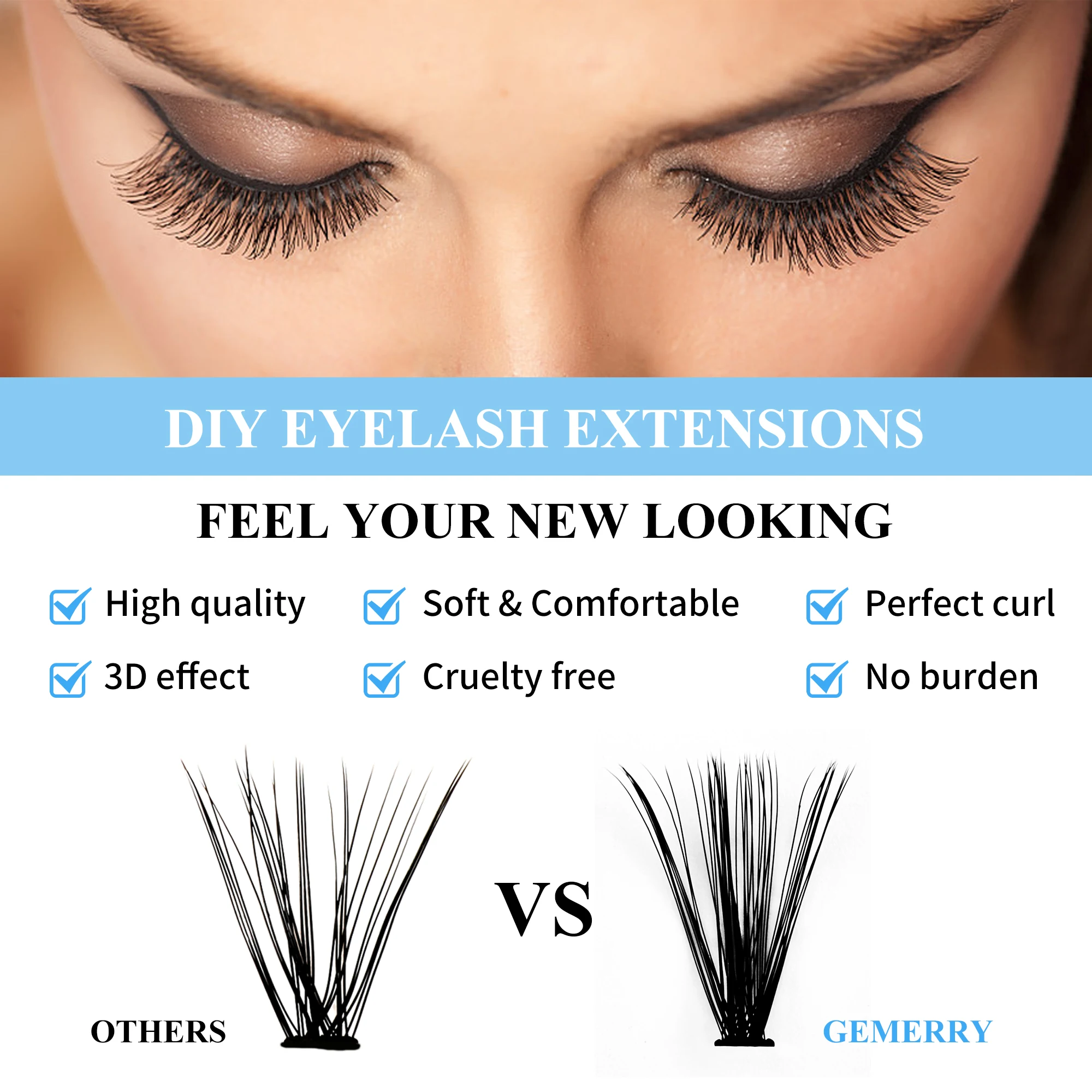 Gemerry Cluster Individual Lashes 240 pcs Large Tray 30P/40P Premade Volume Fans Fox Eye Effect Cosplay Lashes Extension Makeup