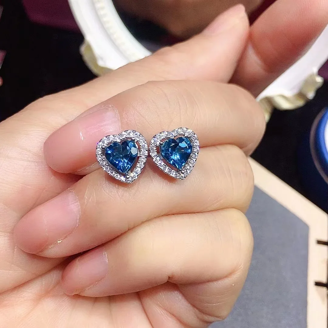 

Hotsale Heart Gemstone Stud Earrings 6mm Total 1.2ct Natural Topaz Earrings Solid 925 Silver London Blue Topaz Jewelry