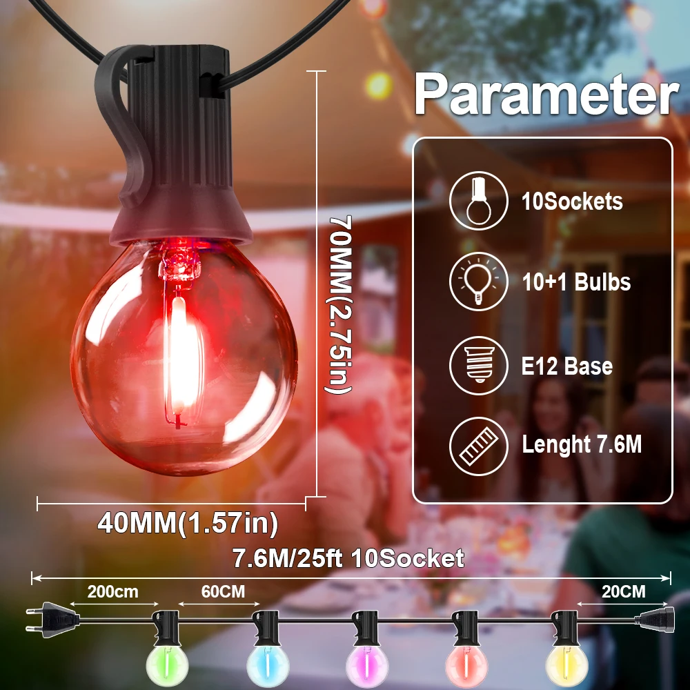 Globe Multicolor Garland Lights G40 2200K Colorful Hanging LED Bulbs Outdoor String Light for Backyard Porch Patio Balcony Party