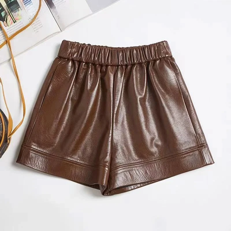 

Real Leather Shorts for Women Wide Leg Genuine Cowhide Wax Leather Trousers Female Elastic Waist Black Green Kurze hosen damen