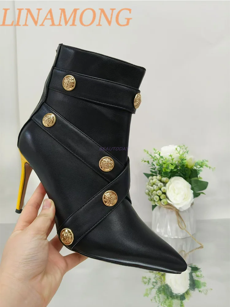 

Pointed Belt Buckle Short Boots Metal Heel and Back Zipper Design Simple Temperament, Mid Length Fashion Women's Boots