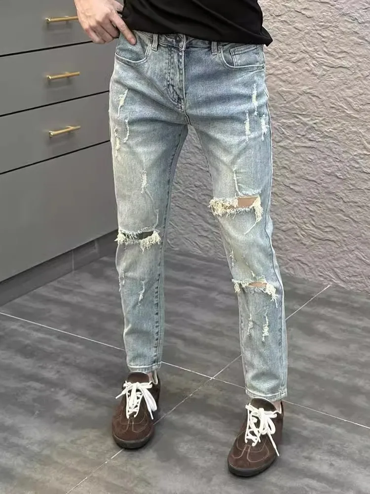 

Модные мужские джинсы с эффектом потертости, зауженные, стильные, повседневные, летние 2025, новые, с застежкой-молнией, средней посадки