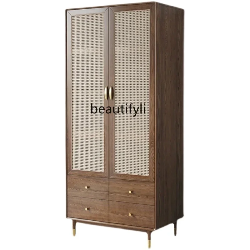 

LD33Solid Wood Wardrobe Home Bedroom Cabinet Double Door Storage Wardrobe Rattan Hanging Cabinet