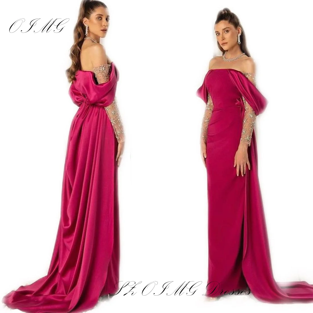 

OIMG Exquisite Off-Shoulder Sexy Prom Dresses Saudi Arabic Women Satin Red Sequined Evening Gowns Occasion Formal Party Dress