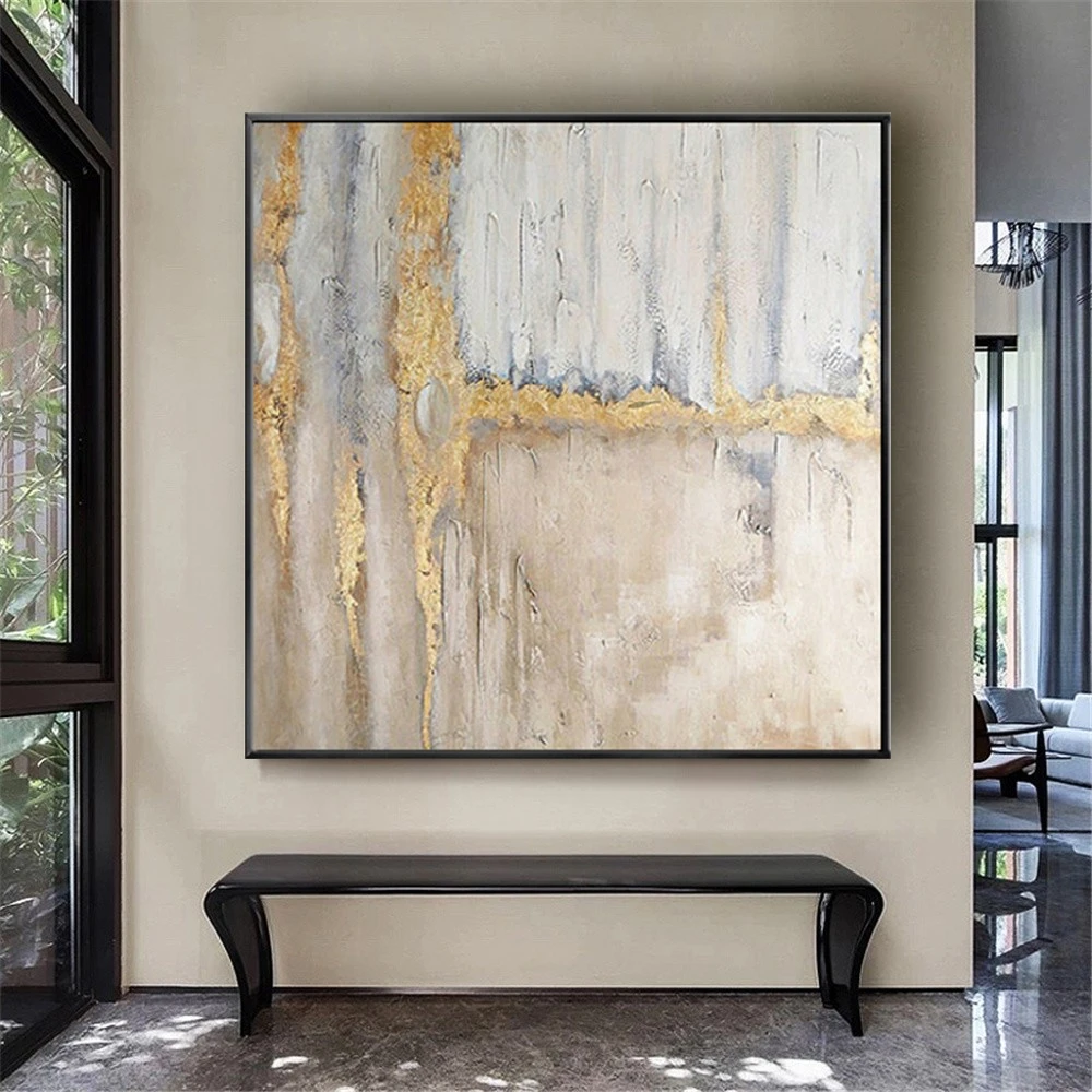 رسمت باليد الحديثة النفط اللوحة الأصفر الذهبي الرمادي قماش المشارك مجردة صورة قلادة للمنزل ديكور نمط جدار الفن جدارية #2