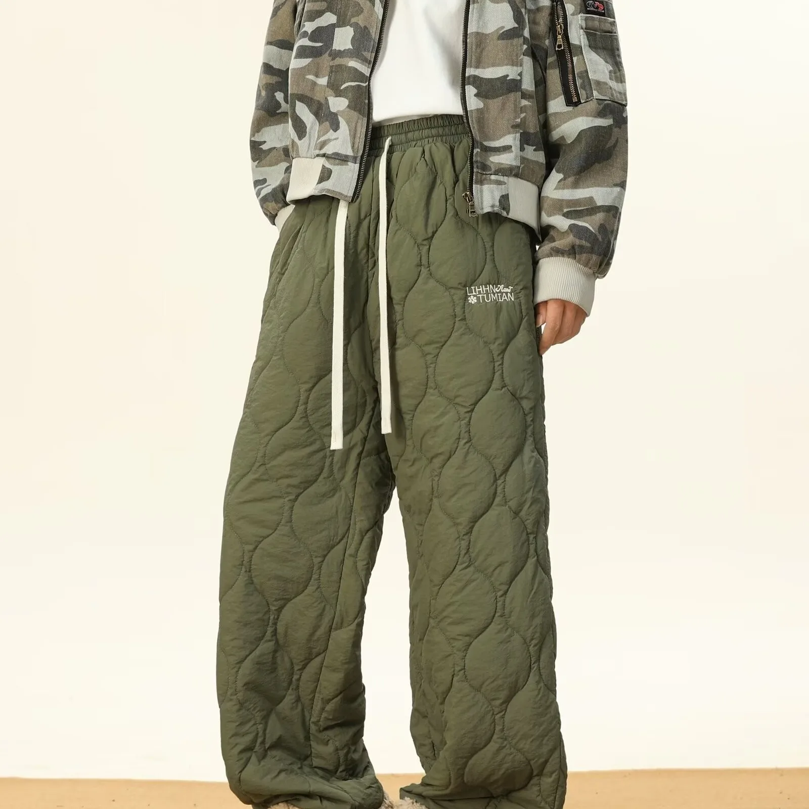 

New youth cotton pants with diamond grid pattern casual sports pants for autumn and winter, new high waisted wide leg pants, loo