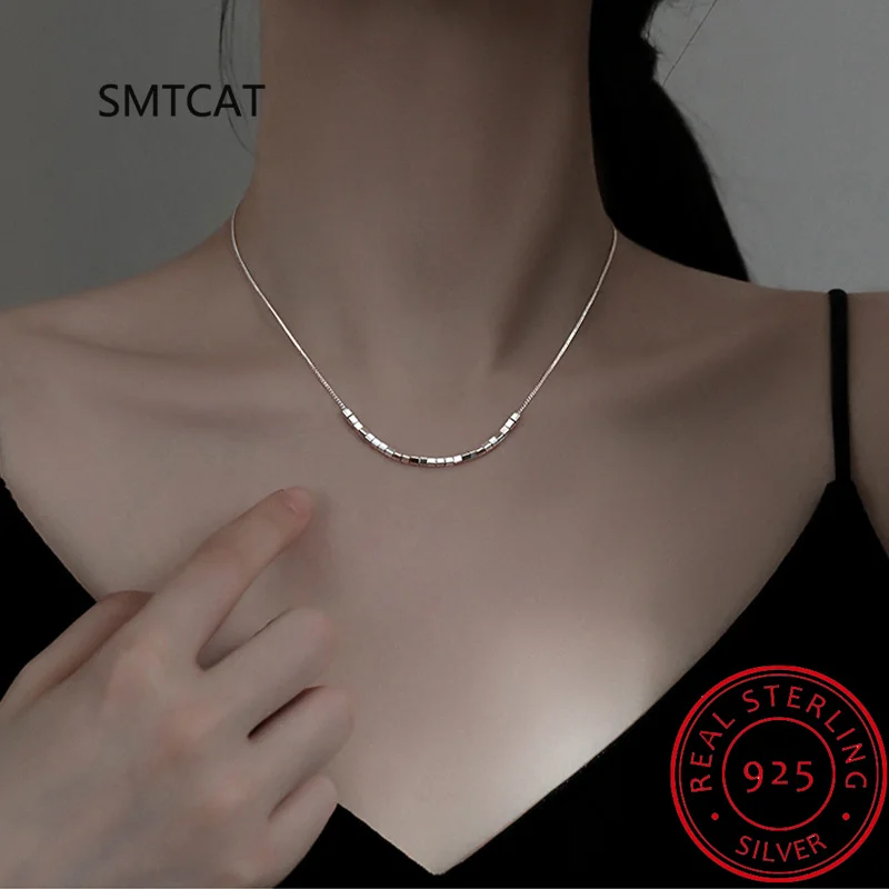 925 Sterling Silver Slide Block Sparkling Necklace Basic Chain Link Simple Fine Jewelry For Women Valentine\'s Day Gift