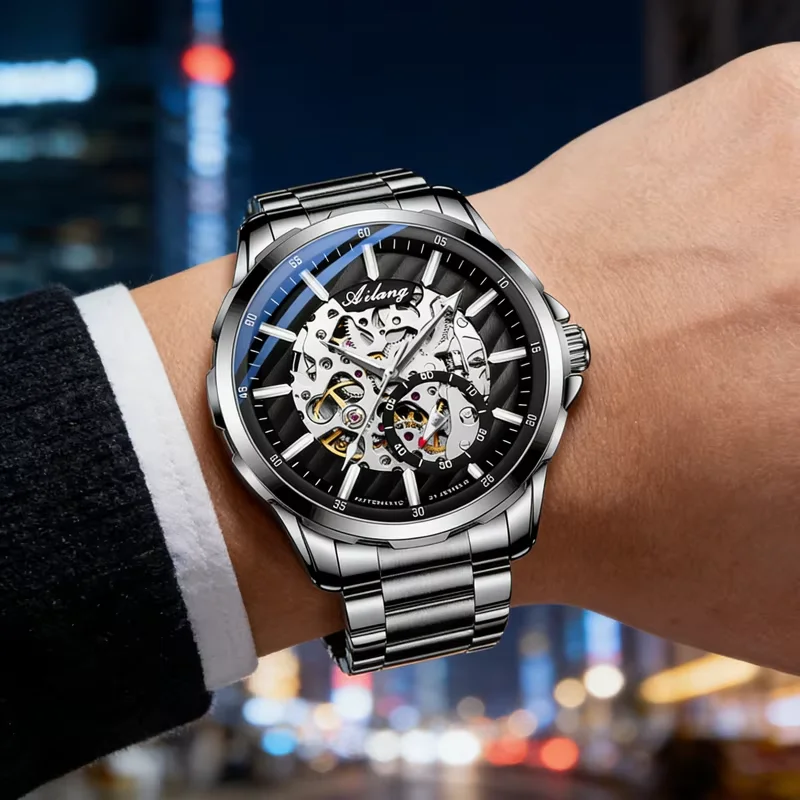 

AILANG Top Brand Men's Skeleton Mechanical Watch Waterproof Leather Strap Men Moon Phase Automatic Tourbillon Wristwatch for Men