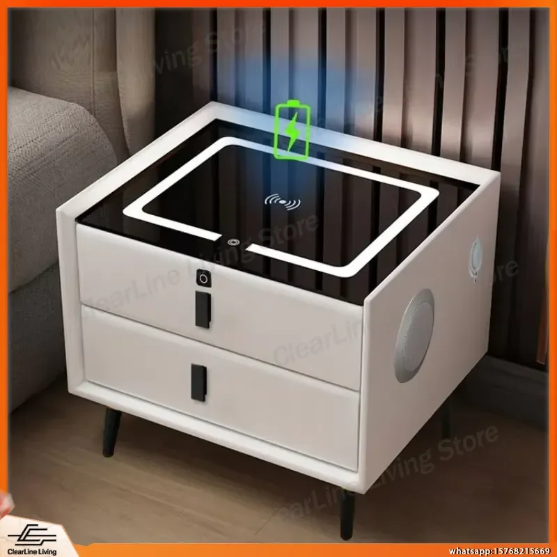 Modern Wooden Nightstand with Wireless Charger Speaker Two Drawer Bedside Table Minimalist Bedroom Furniture Multi Functional