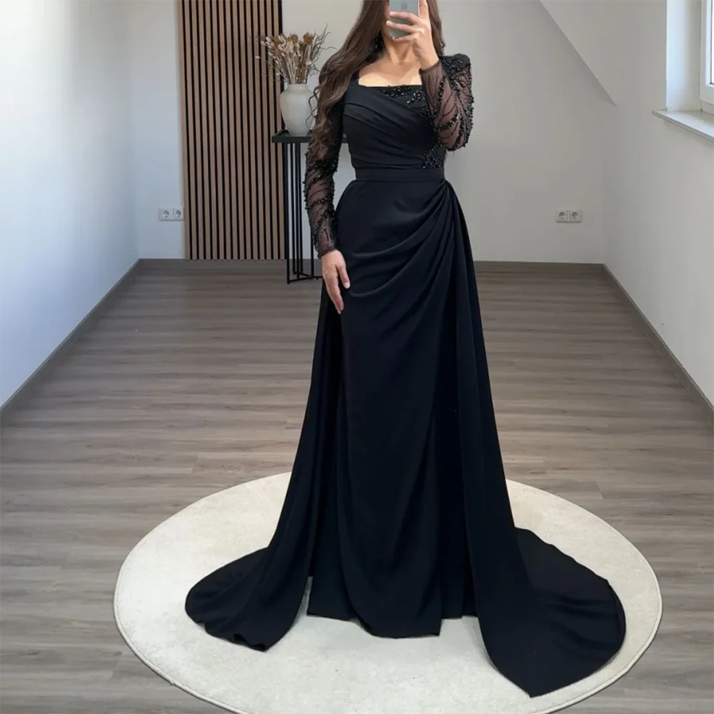 

Simple Mermaid Evening Dress Long Sleevele Beading Squarcollar Formal Elegant Dress Women For Wedding Party Plus Size Customized