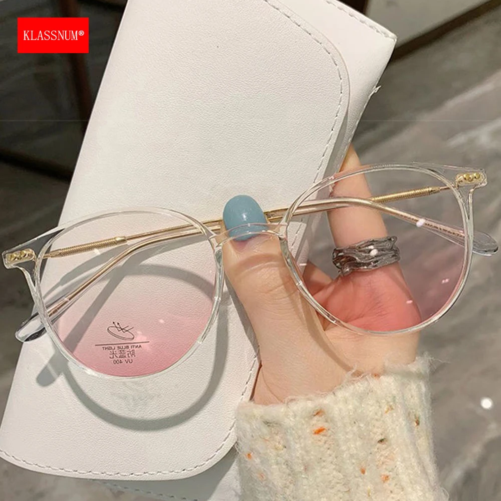 KLASSNUM Women Round Pink Blusher Decorative Glasses Anti-Blue Light  Transparent Eyepiece 2026 Trendy Girls Computer Lenses