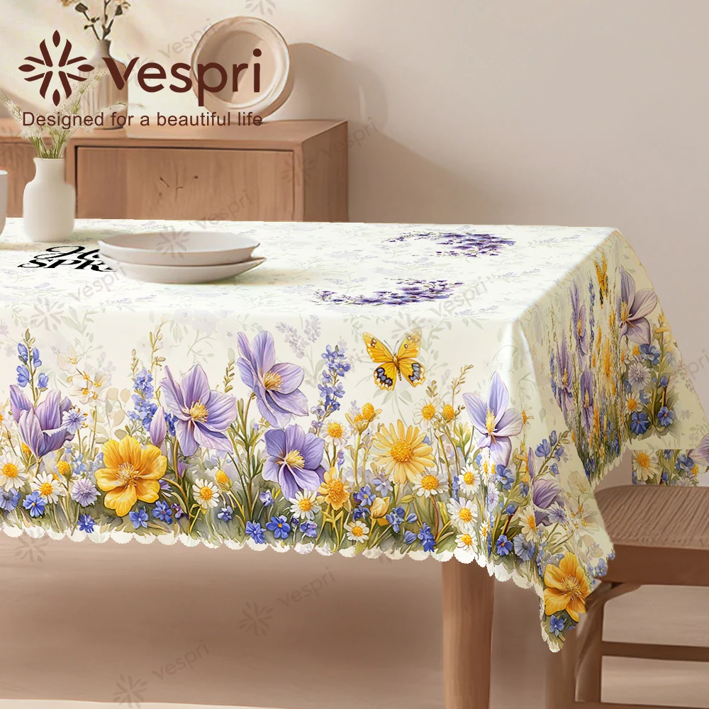 Vespri Florale Oster-Tischdecke mit Weißen und Gelben Blumen, Schmetterlingen, Gewellten Kanten, Rund, Rechteckig, Oval, aus Polyester