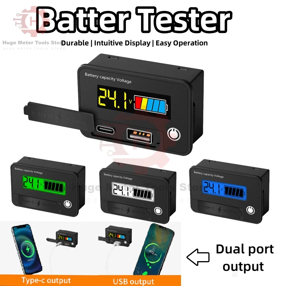 DC8-30V Battery Capacity Indicator Lead-Acid/Lron-Lithium/Ternary Lithium Measurement with USB3.0 and Tpye-C for Car Motorcycle