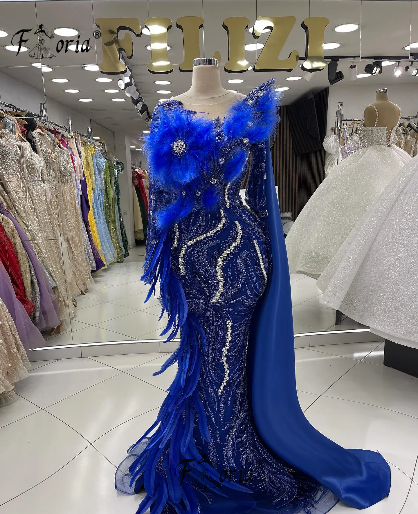 New Blue Wedding Party Dress With Long Shawl Mermaid Feather Beaded Crystals Elegant Evening Gowns Arabic Celebrity Prom Dresses