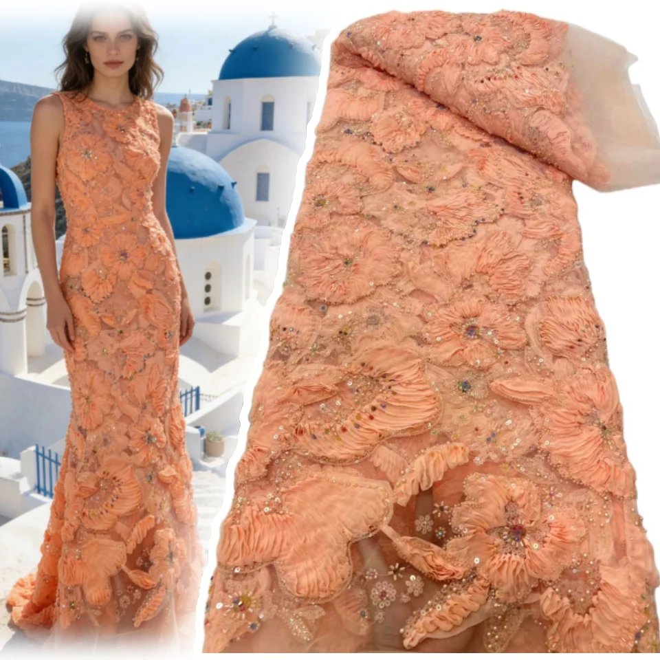 

3D Floral French Sequin Lace Fabric 2026 High-Quality African Beaded Lace Fabric Ideal for Party Dresses and Wedding Gowns 1982