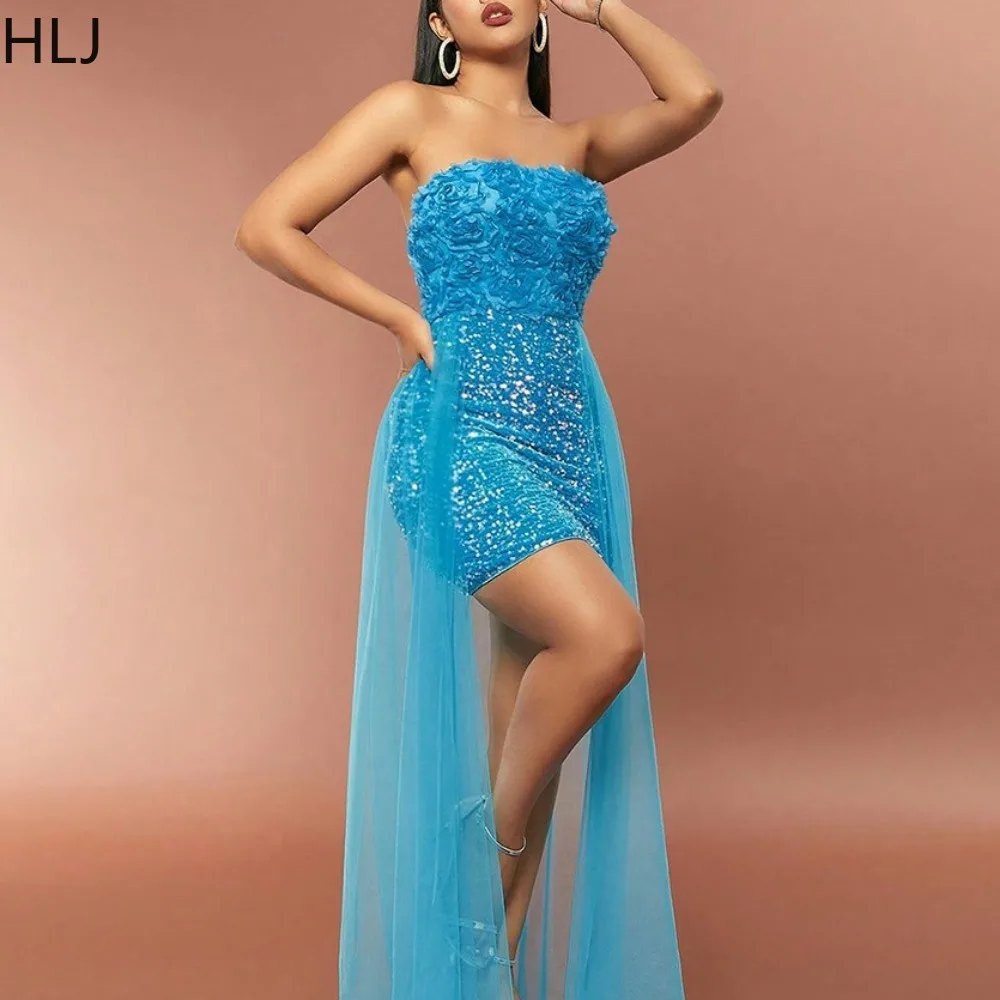 

HLJ Blue Fashion Sequin Mesh Splicing Party Club Mini Dresses Women Ruched Sleeveless Bodycon Tube Dress Sexy Backless Vestidos