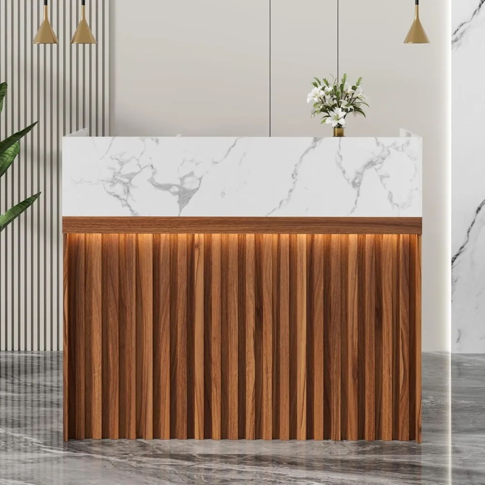 

Modern Reception Desk with Counter, Front Desk Reception Room Table with Cable Grommet, Marble Top Front & Led Lights
