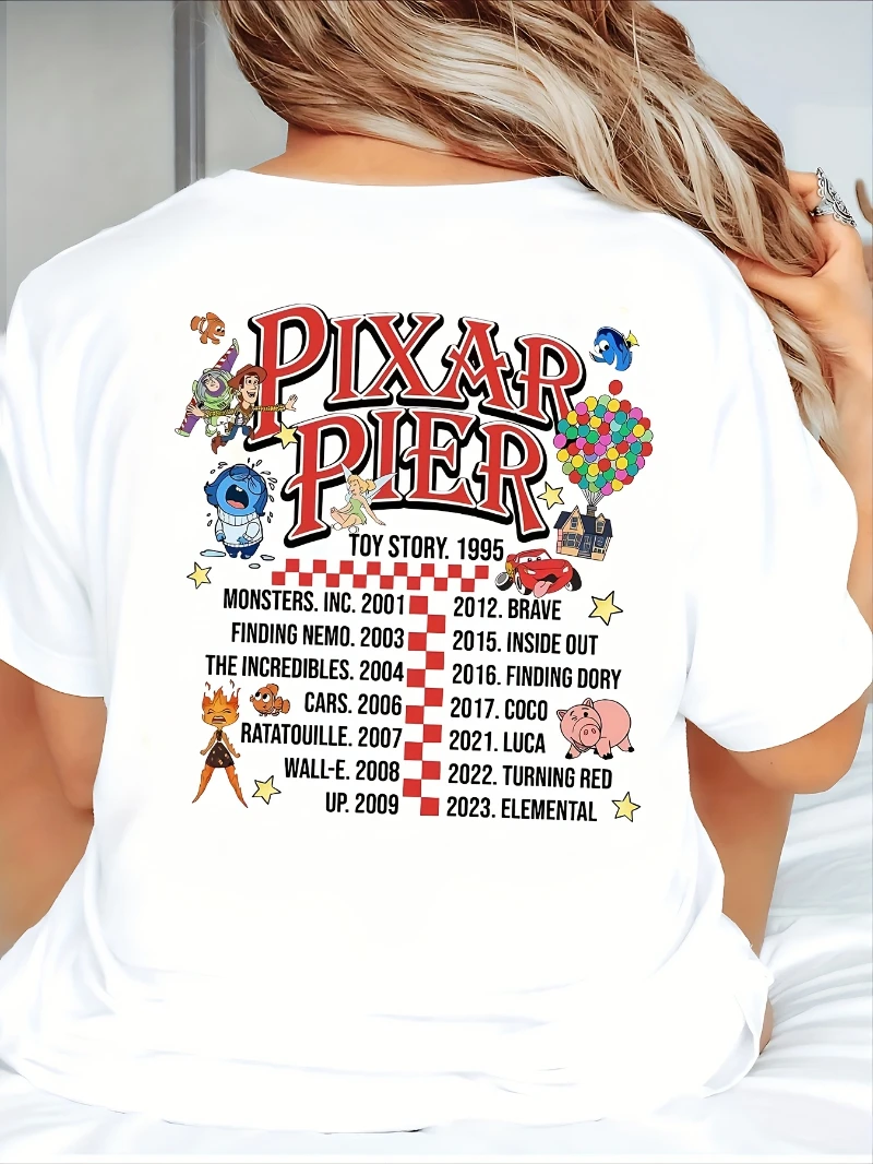 ديزني بيكسار شخصية سنة طباعة تي شيرت المرأة أزياء الصيف عارضة طاقم الرقبة قصيرة الأكمام الرياضية فضفاضة أعلى