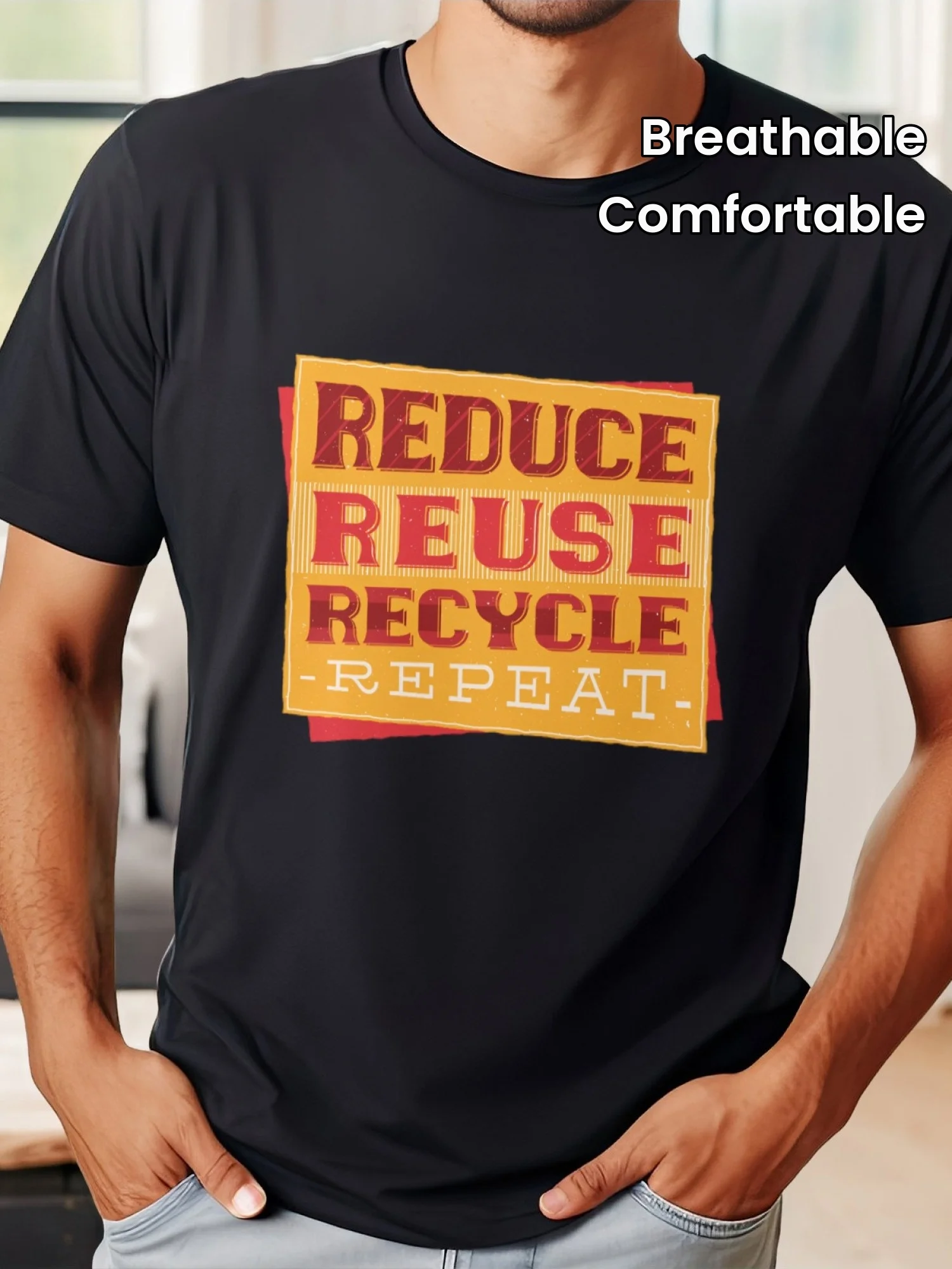 Men's Summer Short Sleeve T-Shirt with Front Print, Breathable Fabric, Casual Sporty Style- Reduce Reuse Recycle Repeat