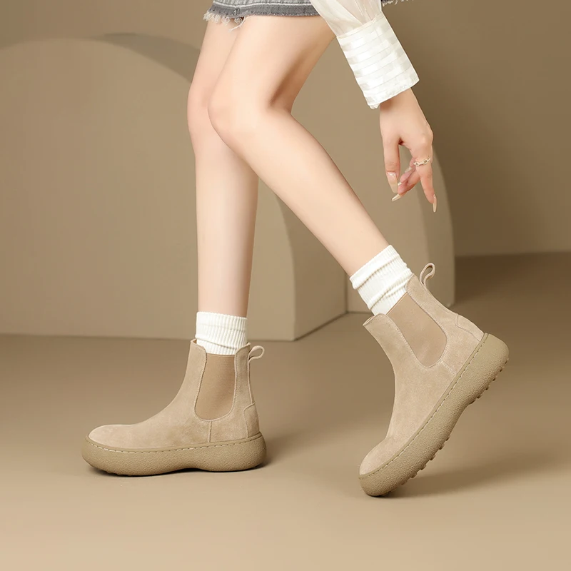 Cow Suede Platform Ankle Boots New Autumn Winter Flat Chelasea Boots Womens Apricot Tan Slip On Ladies Round Toe Boot A6002