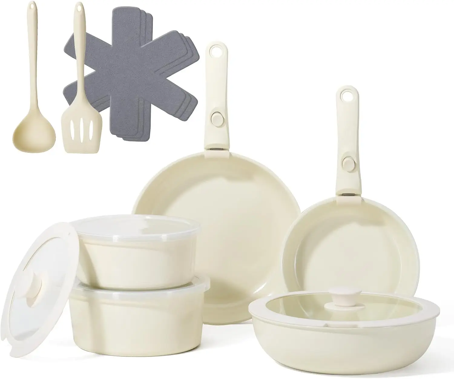

16-предметный набор керамической посуды с антипригарным покрытием, со съемными ручками, совместимый с индукционными плитами, компактный дизайн