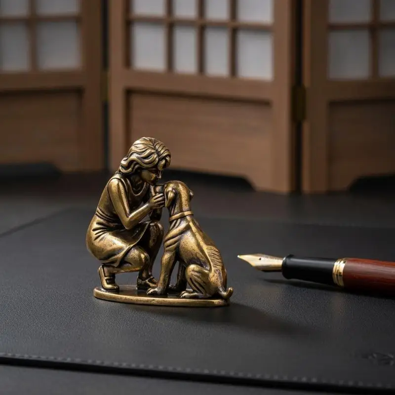 Vintage-Messingstatue von Mädchen und Hund, handgefertigt, fein geschnitzt, antik veredelt, Dekoration für Kinderzimmer, Wohnkultur, Geschenk für Feiertage. – Detail 14