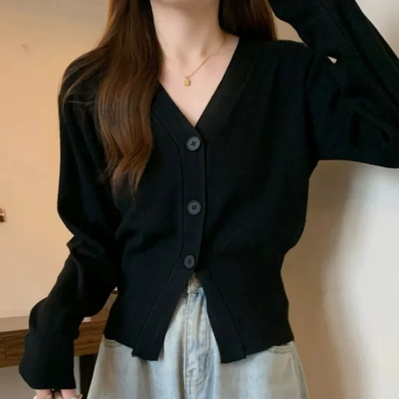 High Street Cardigans for Women Solid Long Sleeve V-neck All-match Young Girls Korean Style Ins Minimalist Leisure Autumn Winter