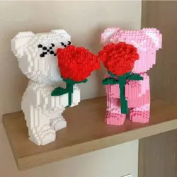 Q 버전 성인 조립 빌딩 블록 장난감 연인 선물, 꽃 고백 곰 소녀 생일 기념일 선물 절묘한 장식