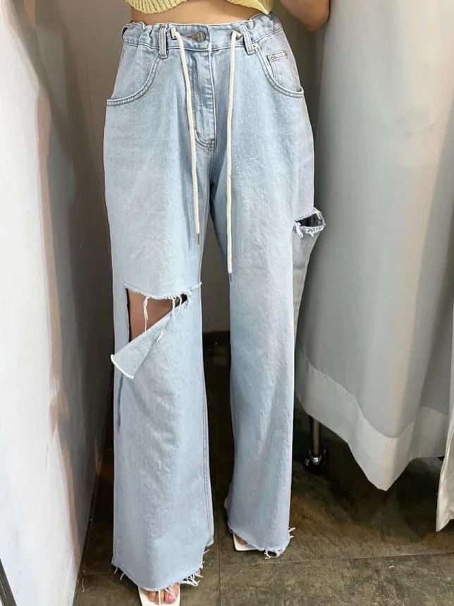 

Cool High Waist Wide Leg Denim Jeans Women's Faionable Ripped Pants Dstring Design Light Blue Frayed Long Trousers