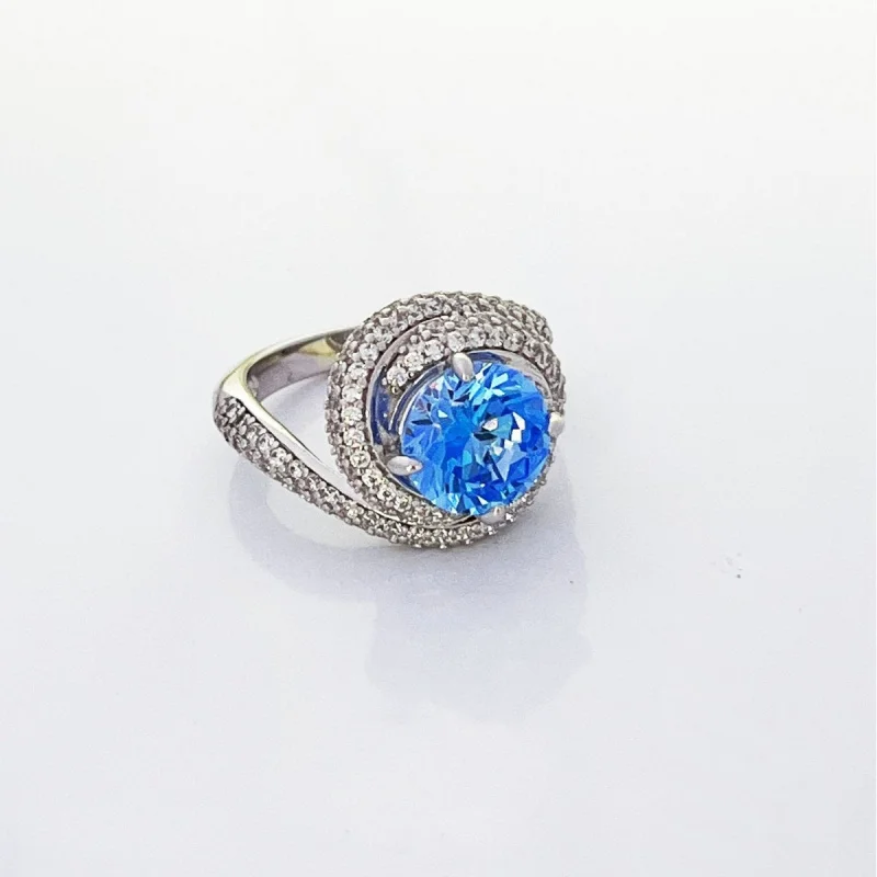 

Luxurious Full Diamond Sea Blue Zircon RingS925Sterling Silver Micro Pave White Corundum Ring