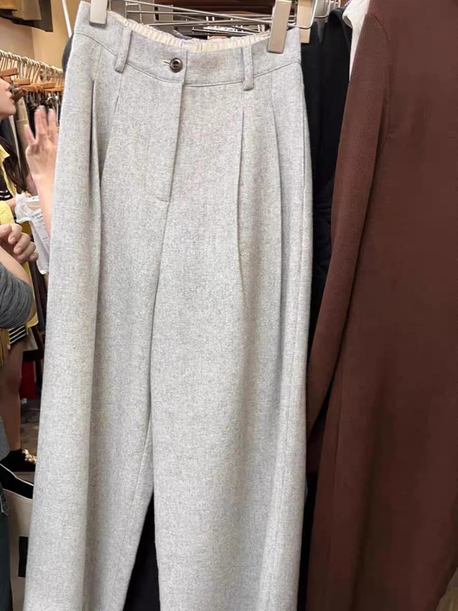 

High Waist ey Wide Leg Pants Women's Loose Fit Casual Woolen Autumn Winter Faion plus Size Straight Cut Trousers